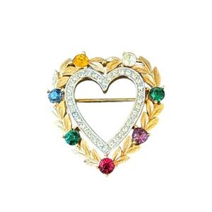 Vintage Crown Trifari “Dearest Heart” Gold Toned Brooch Multicolor Rhinestones